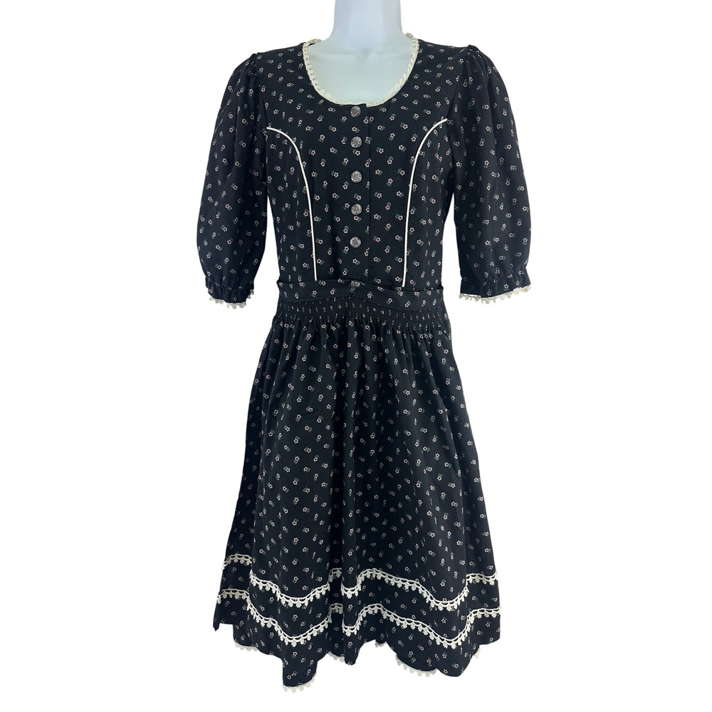 Ernst Licht Dirndl Dress Short Sleeve Button Apron Black Floral Lace Trim 10